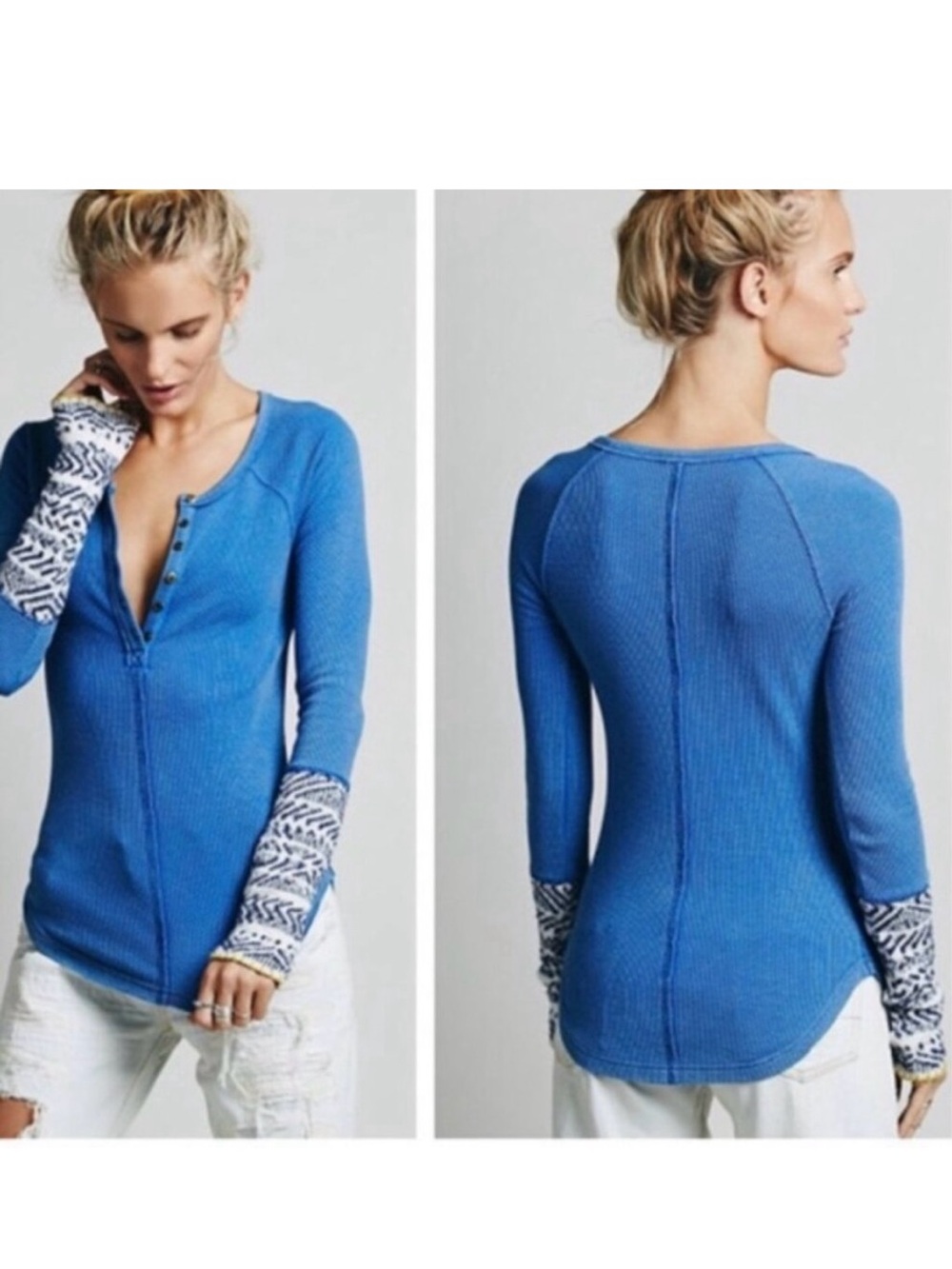 Free People Alpine Cuff Royal Blue Distressed Henley Thermal Shirt Size Small